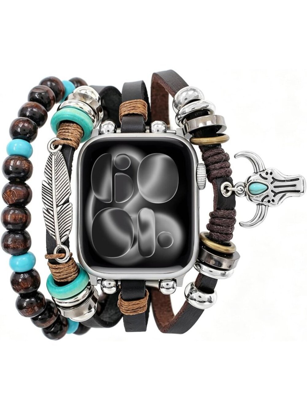 Unisex Brown/Bullhead Beaded Boho Bracelet Compatible Leather with Apple Watch